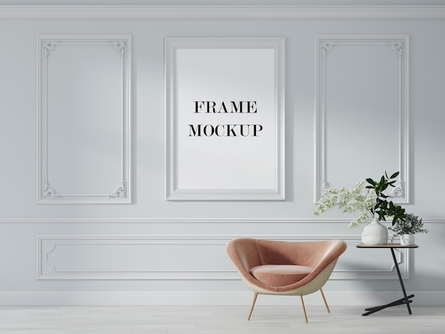 PSD empty picture frame in classic style interior 3d rendering mockup