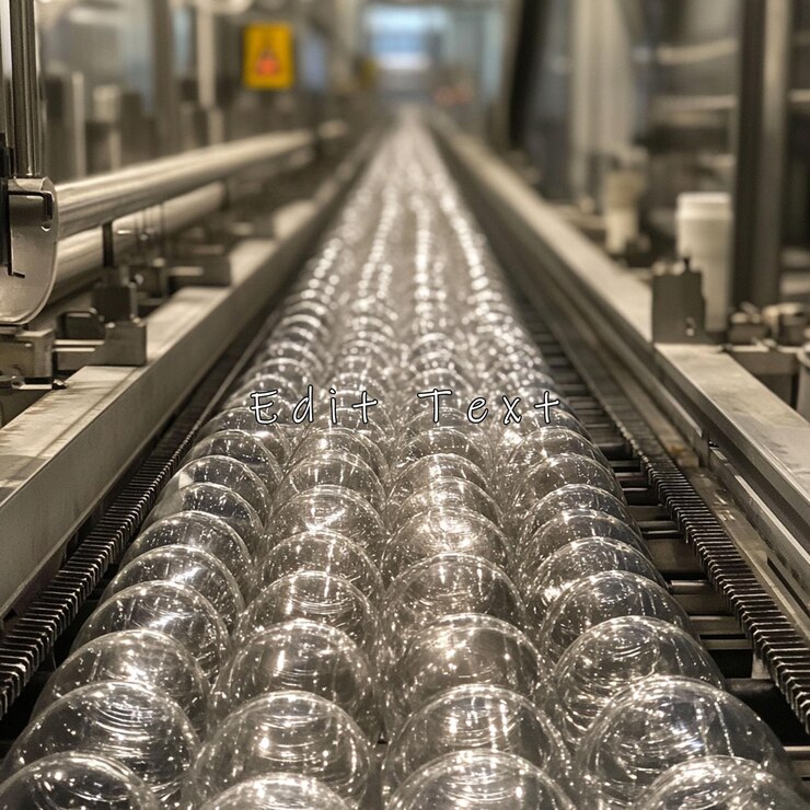 PSD empty plastic bottles moving on a conveyor belt in a factory