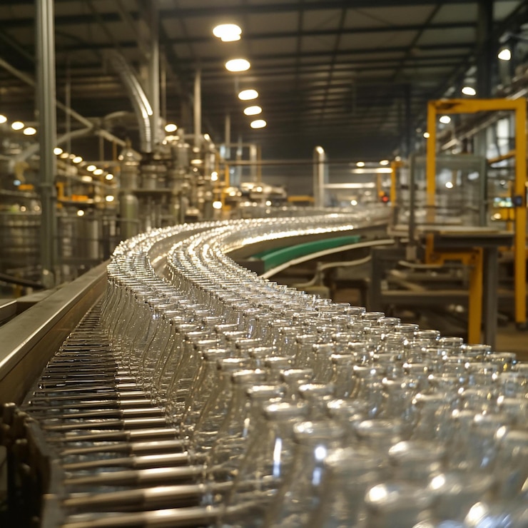 PSD empty plastic bottles moving on a conveyor belt in a large factory