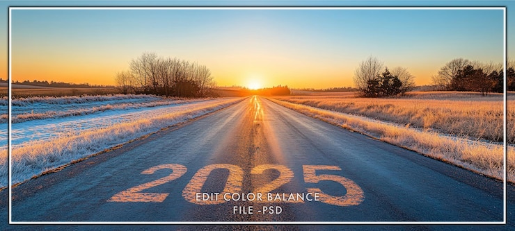 PSD empty road with the number 2025 painted on the asphalt during a sunrise in winter