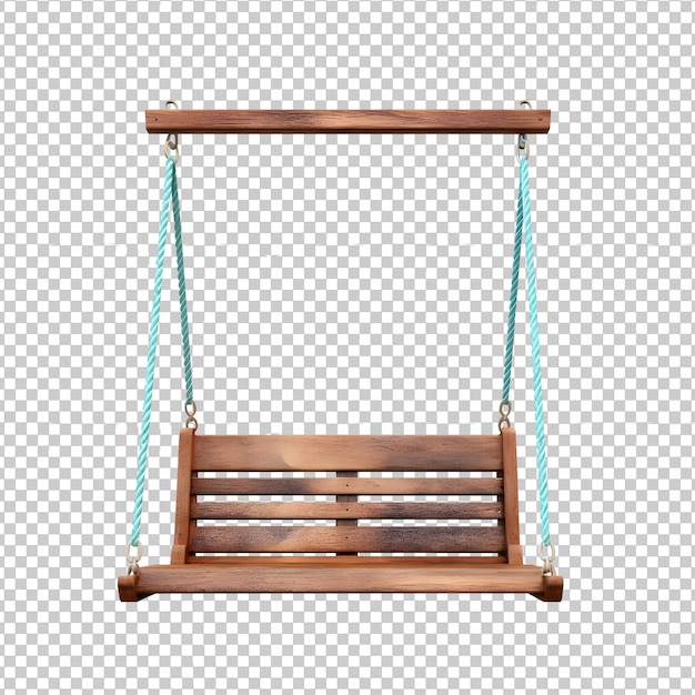 透明な背景に分離された木製の座席を持つ空のロープ スイング