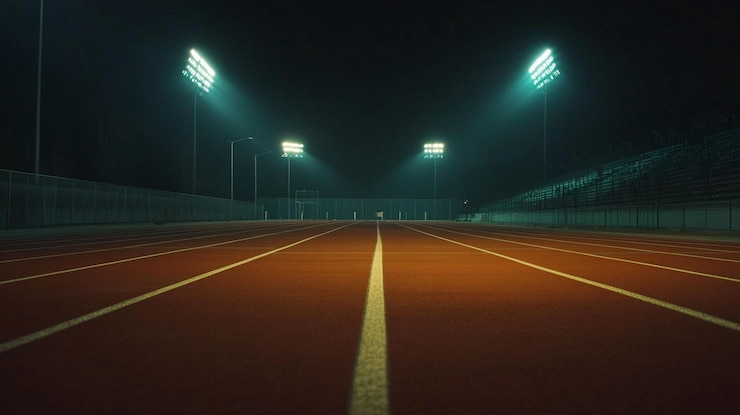 PSD empty running track at night illuminated by bright stadium lights