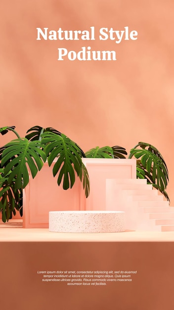 Empty scene circular podium in portrait with green plants 3d rendering