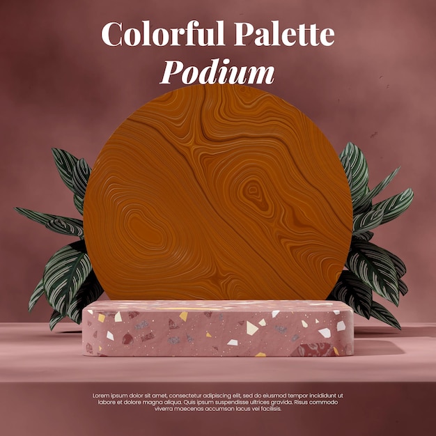 empty scene purple terrazzo podium in square wood texture and calathea plant 3d image render