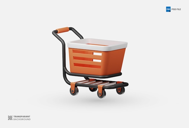 PSD empty shopping cart trolley 3d icon render illustration