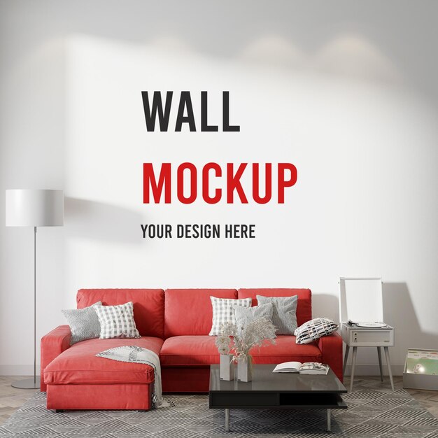 PSD empty wall mockup behind red sofa