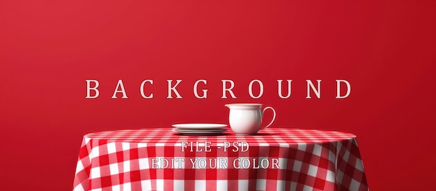 PSD empty white cup on checkered tablecloth red wall background