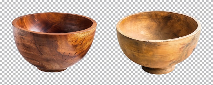 PSD empty wooden bowls isolated on a transparent or white background cut out png