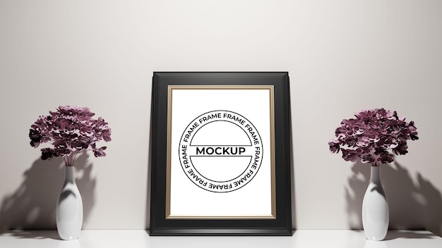 Empty wooden picture black frame mockup with flower books on desk in front view