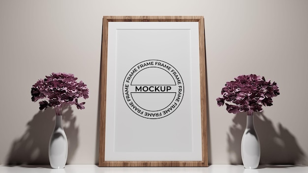 Empty wooden picture frame mockup with flower books on desk in front view