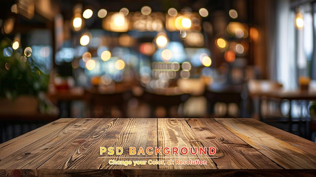 PSD empty wooden table top with lights bokeh on blur restaurant background