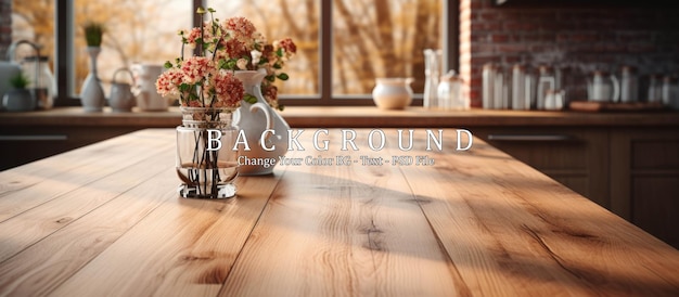 Empty wooden table with kitchen in background