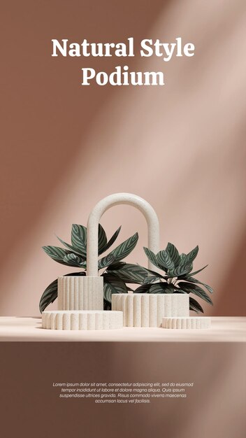 PSD en boog calathea plant 3d render beeld mockup sjabloon beige keramische cilinder podium in portret