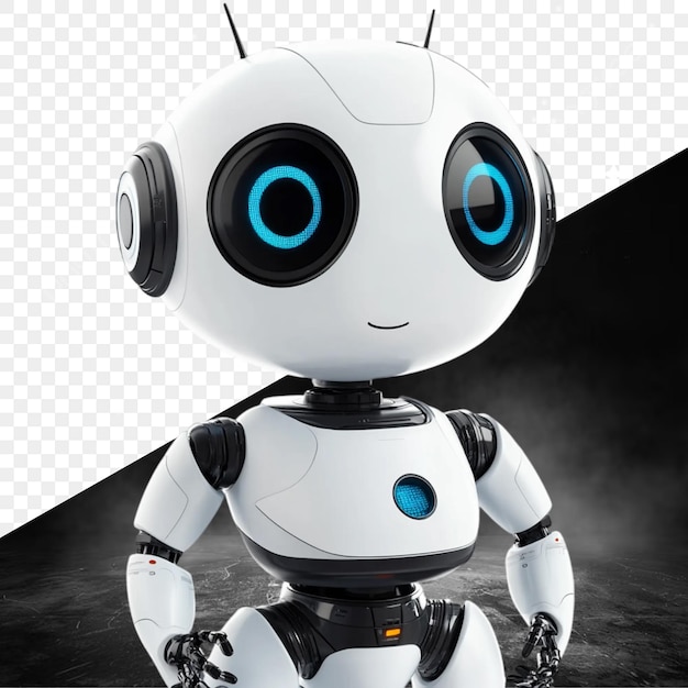 En robot med blå øjne og en sort baggrund
