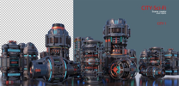 En sci-fi-by med mange forskjellige typer bygninger.