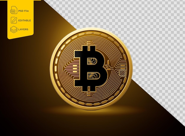 En zwarte afgeronde cryptocurrency gouden Bitcoin BTC munt op gouden gloed achtergrond 3d illustratie