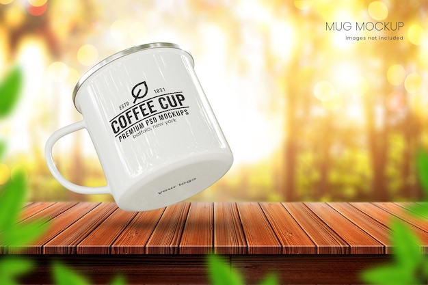 Enamel Coffee mug mockup of one white cup on outdoor background