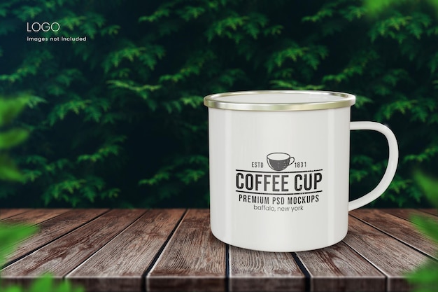 Enamel coffee mug mockup of one white cup on outdoor background