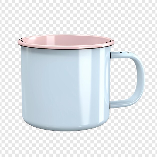 PSD enamel mug image placed box with simple decorations isolated on transparent background