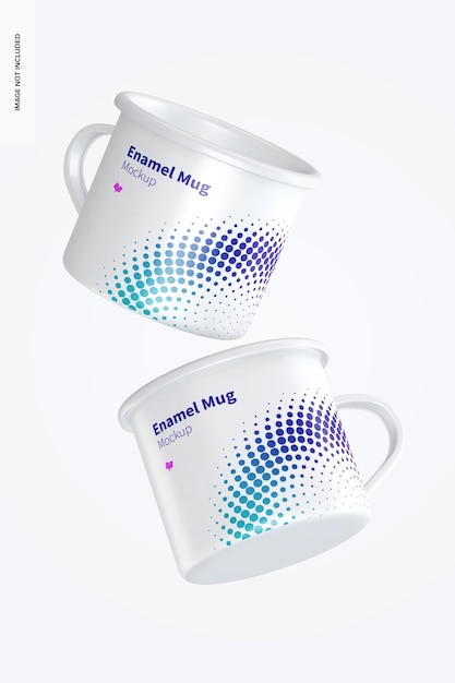 Enamel mugs mockup, floating