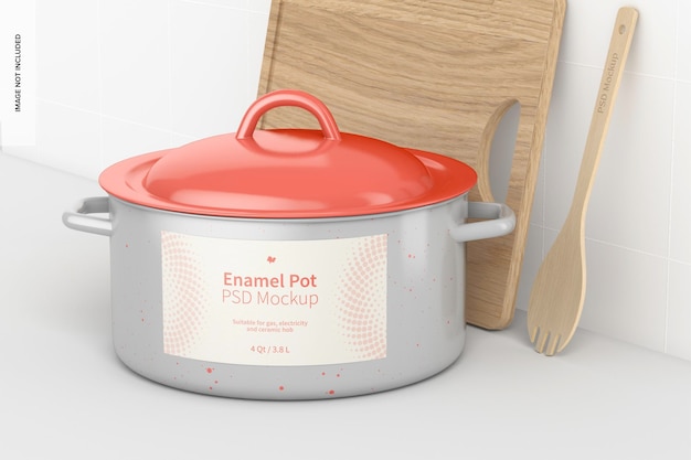 Enamel pot with bamboo spoon mockup