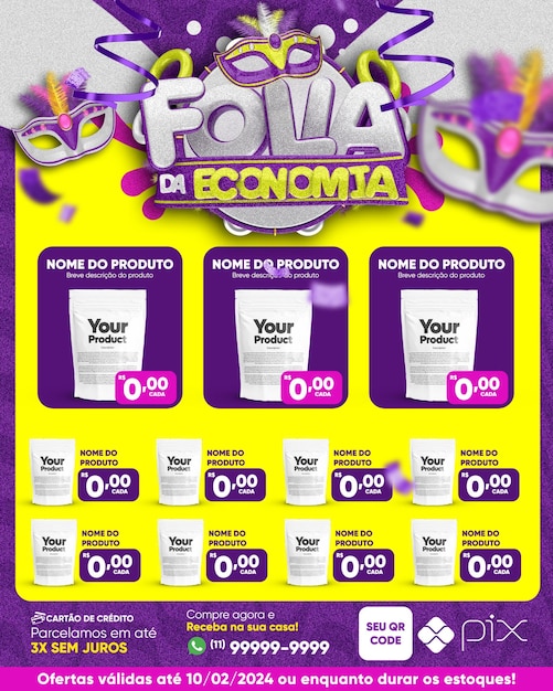 PSD encarte carnaval folia a economia social media template in brazilian portuguese