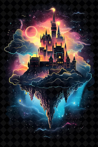 PSD enchanted castle in the clouds arcane frame with floating ca neon color frame y2k art collection