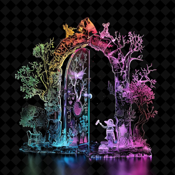 PSD enchanted fairytale gateway with storybook characters and ma png y2k shape neon color collection