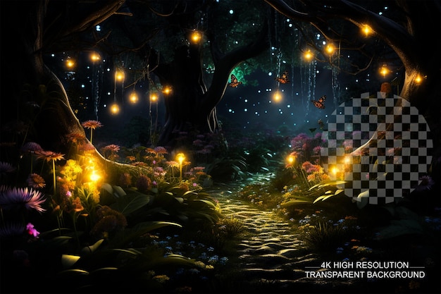 PSD enchanted fireflies illuminate a secret garden scene with mesmerizing on transparent background