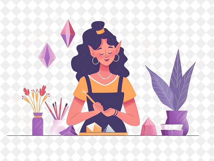 PSD enchanted jewelry designer with characters crafting and desi png people in daily work illustration