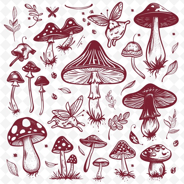 PSD enchanted mushroom outline met cap pattern en fairy detai illustration decor motifs collection