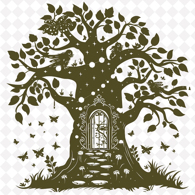 PSD enchanted tree folk art with fairy door and twinkl png outline frame on clean background collection