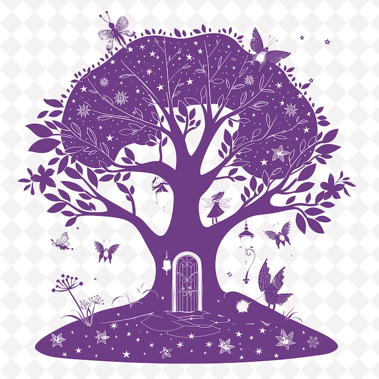 PSD enchanted tree folk art with fairy door and twinkl png outline frame on clean background collection
