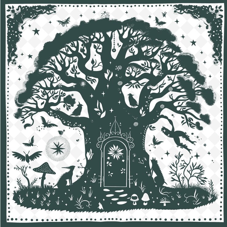 PSD enchanted tree outline met fairy door en twinkling lights illustratie decor motifs collection