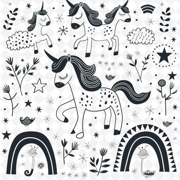 PSD enchanted unicorn folk art with rainbow pattern an png outline frame on clean background collection