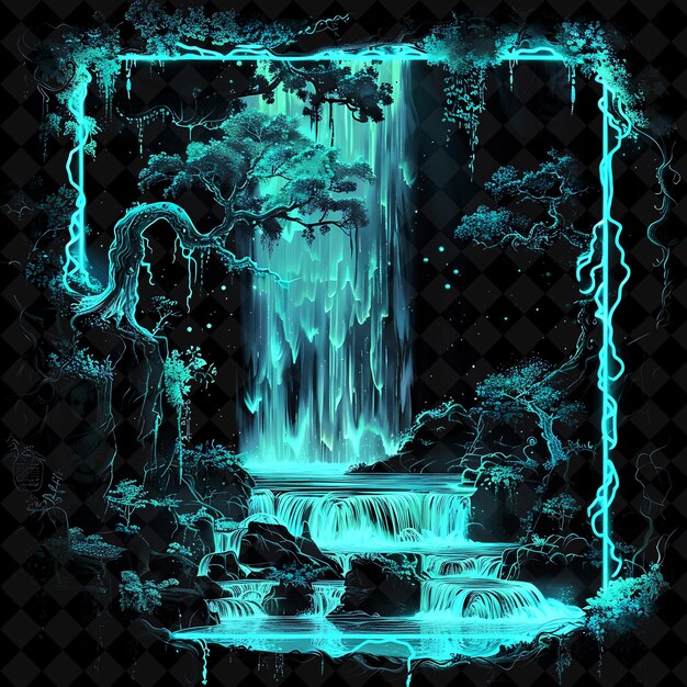 PSD enchanted waterfall arcane frame met cascading water en gl neon color frame y2k art collection