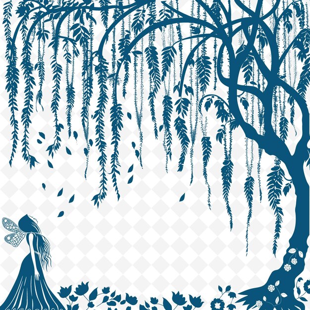 PSD enchanted willow tree outline with branch pattern and fairy illustration decor motifs collection