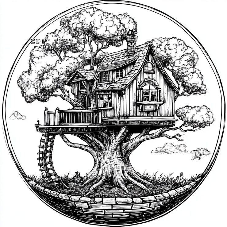 PSD enchanting black and white illustration of a tree house nestled in a large tree surrounded by a stone wall and whimsical clouds