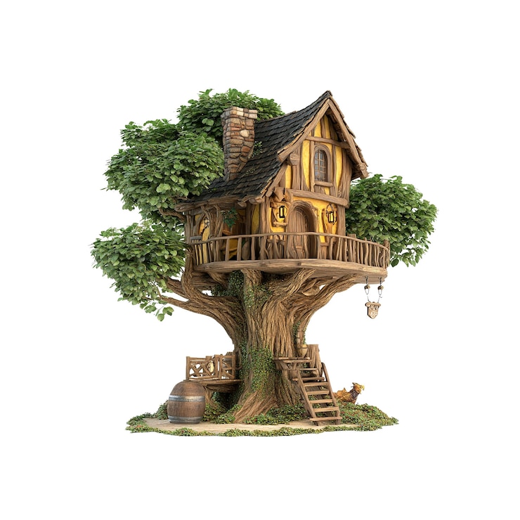 PSD enchanting fairytale treehouse in lush forest setting