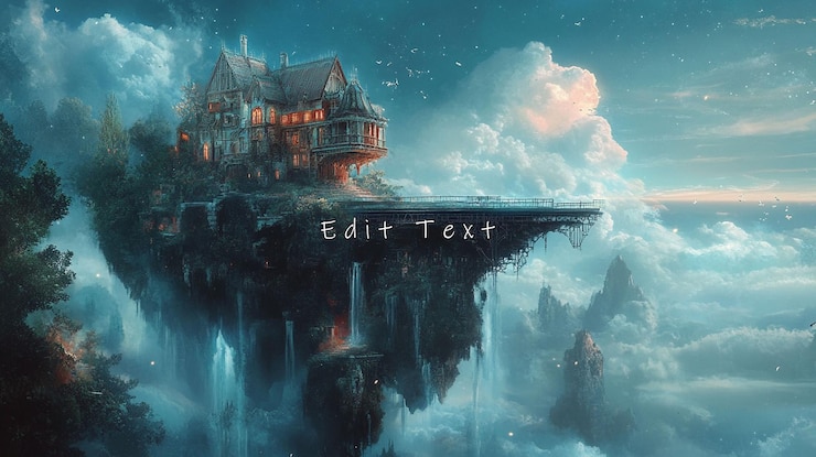 PSD enchanting floating mansion on a cliff above clouds at night