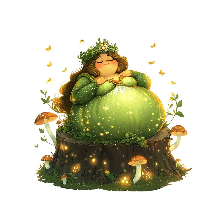 PSD enchanting forest nymph serene goddess of nature on tree stump