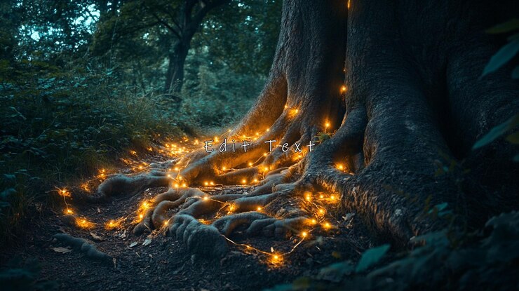 PSD enchanting forest scene with glowing lights illuminating tree roots at night