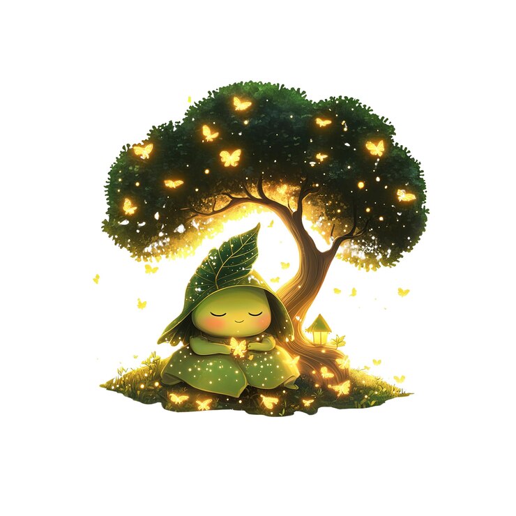 PSD enchanting forest sprite meditating under glowing tree with fireflies