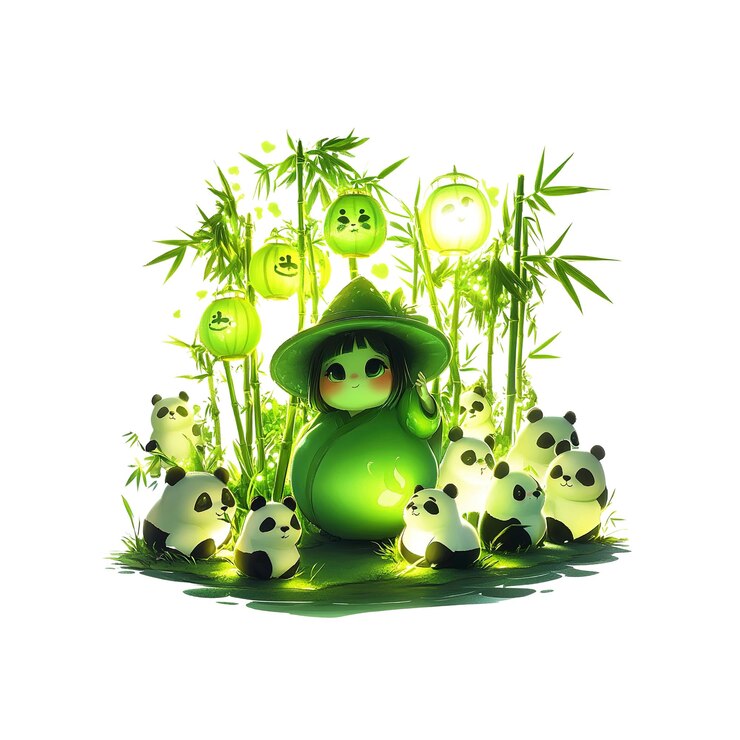 PSD enchanting green panda guardian and bamboo forest fantasy illustration