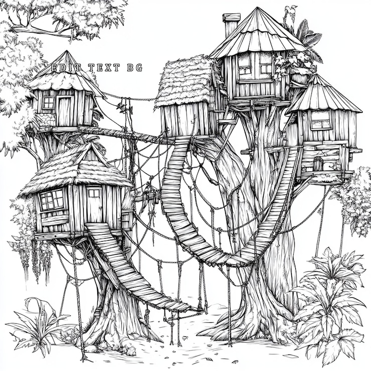 PSD enchanting illustration of interconnected treetop houses linked by rope bridges in a lush forest setting