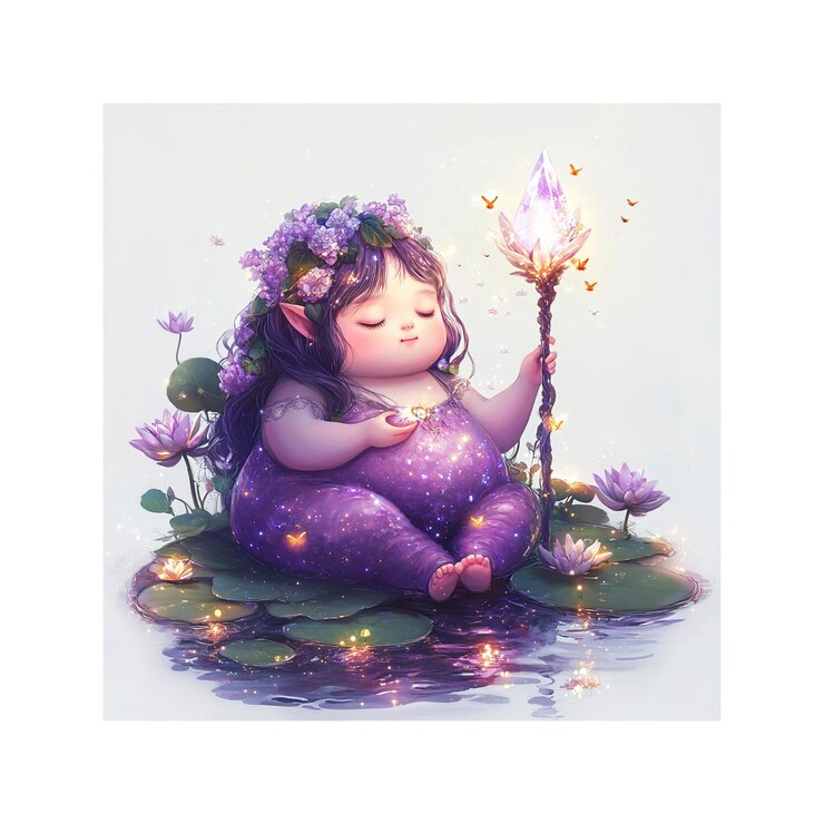 PSD enchanting little fairy sprite in a purple starry onesie sitting on lily pads