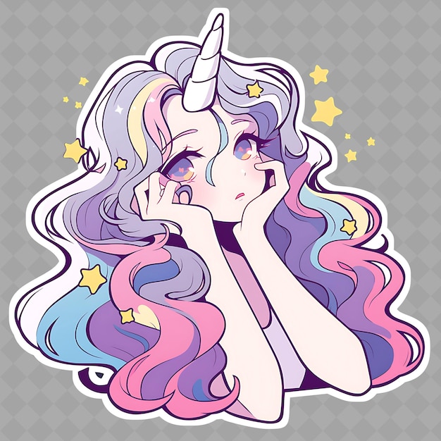 PSD incantevole e magico anime unicorn girl with a horn e ra png creative cute sticker collection