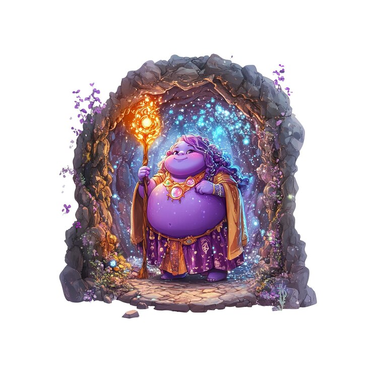 PSD enchanting purple fairy emerging from mystical cave