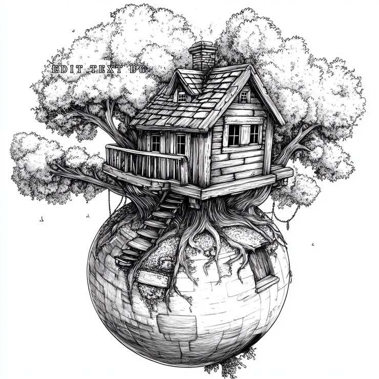 PSD enchanting tree house nestled on a spherical world detailed ink drawing