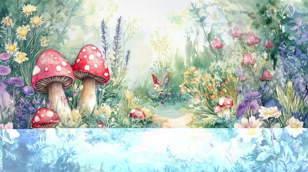 enchanting watercolor painting of a whimsical fairy garden path with toadstools flowers and a butterfly